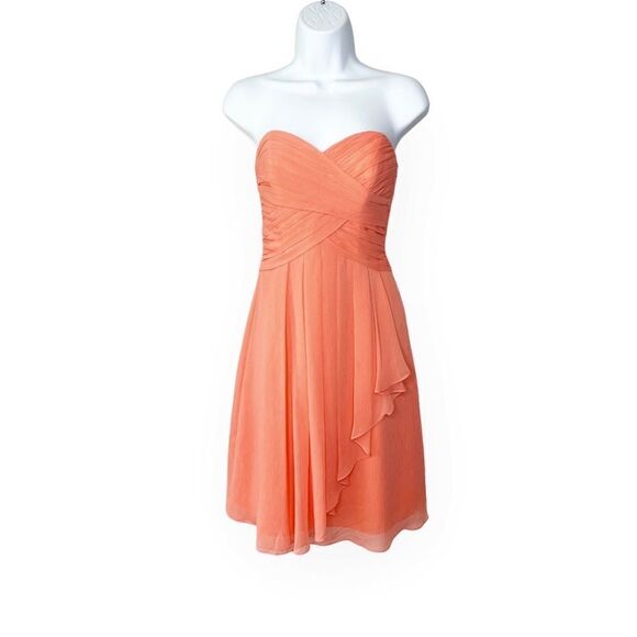 David’s Bridal Coral Strapless Chiffon Above Knee Bridesmaid’s Dress Size 0 - Picture 1 of 11